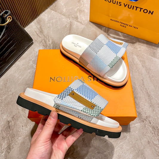 Lou Plaid Slides-Blue