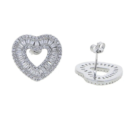 Diamond Baguettes Heart Earrings- Silver