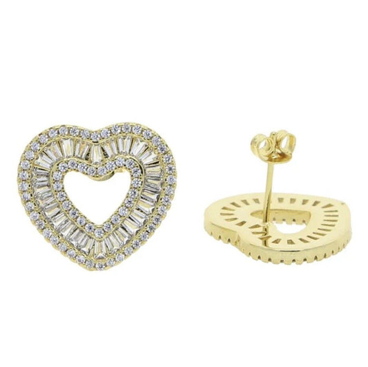Diamond Baguettes Heart Earrings- Gold